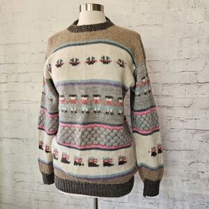 Vintage Handmade Folk Art Intarsia Knit Sweater Wool
